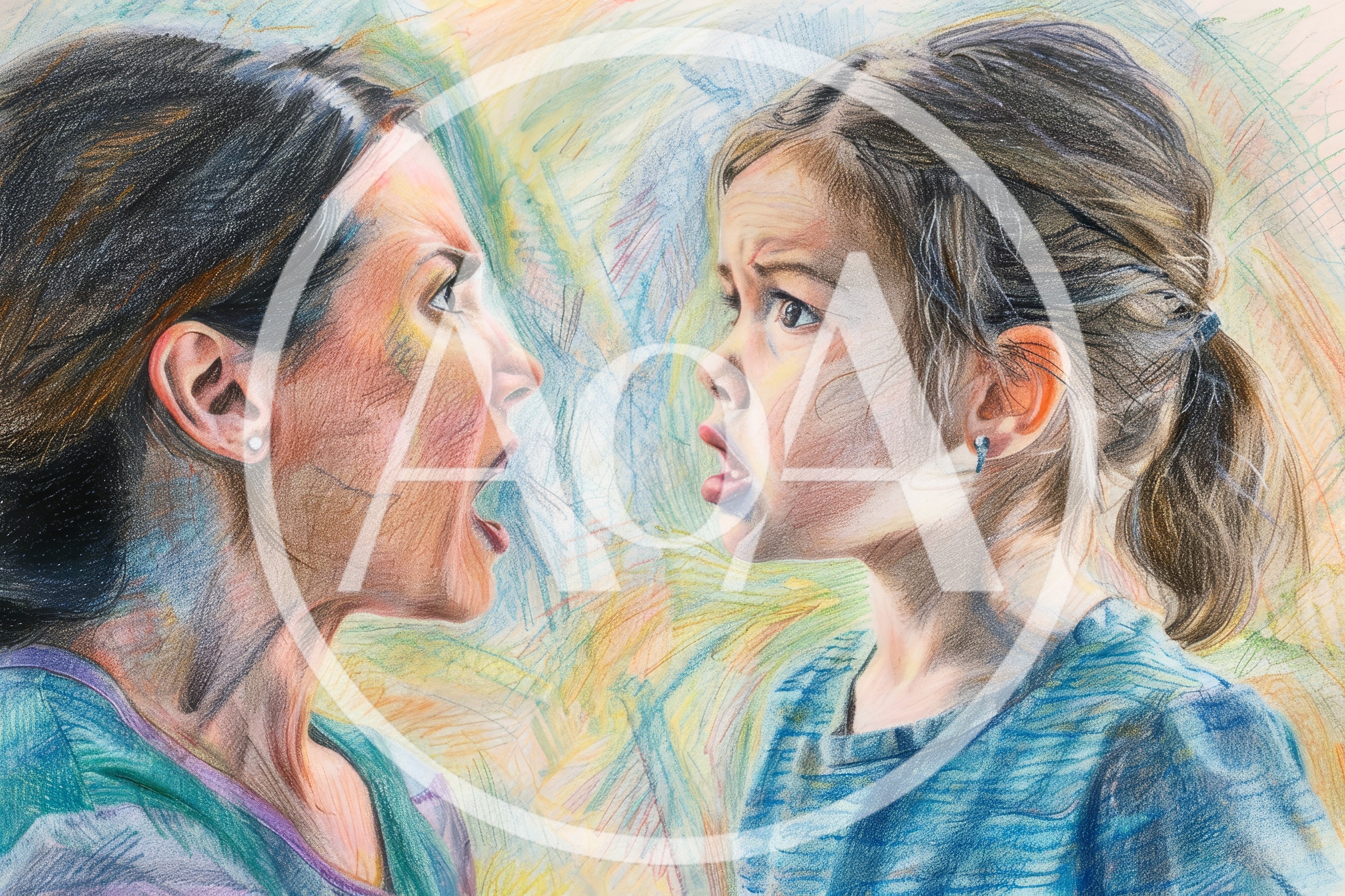 Colored Pencil Drawing Of A Mother Scolding Her Daughter