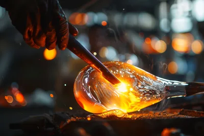 Glassblower Shaping Molten Glass With Metal Tool