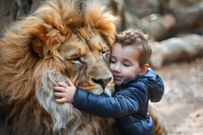 Young Boy Hugging A Large Male Lion