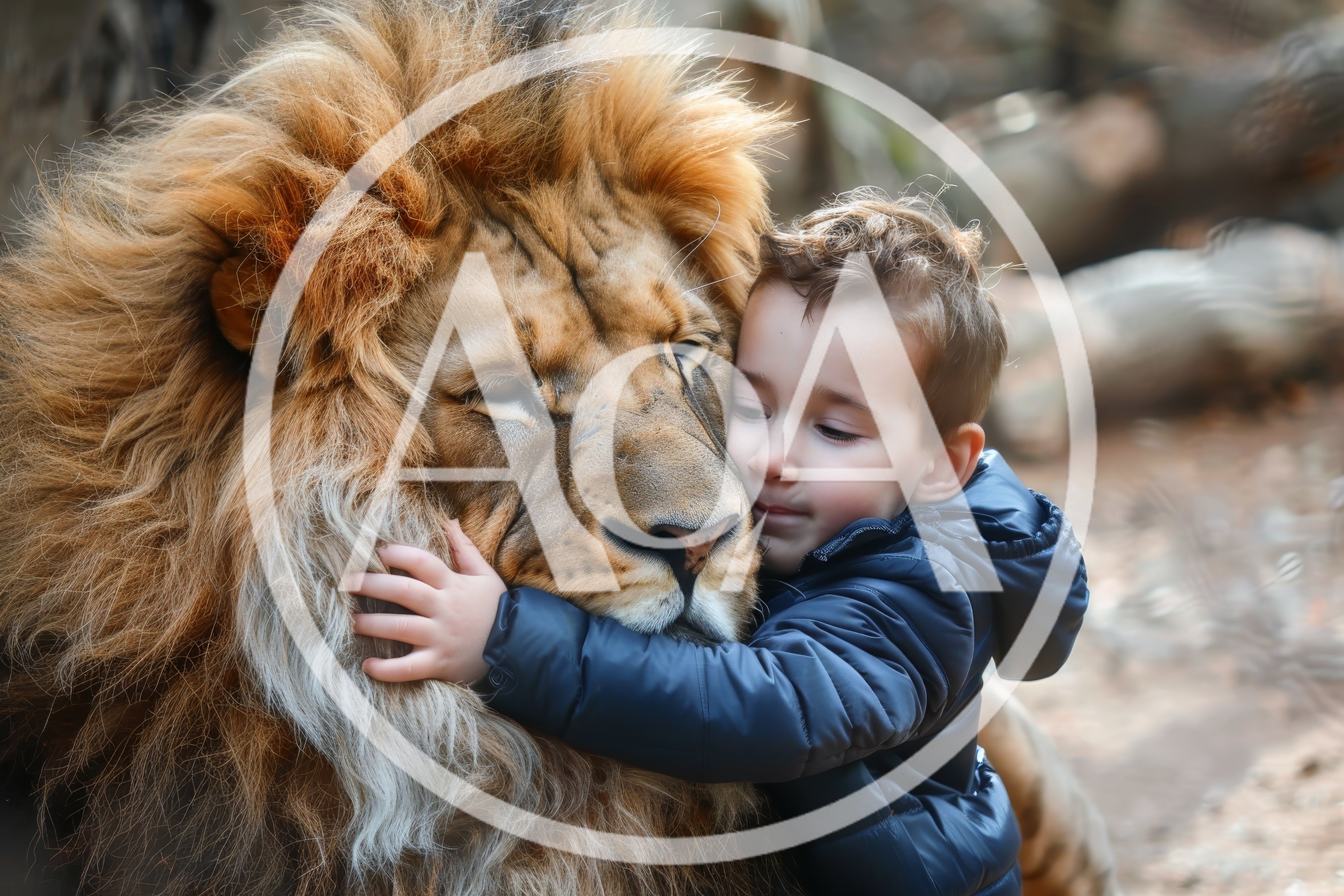 Young Boy Hugging A Large Male Lion