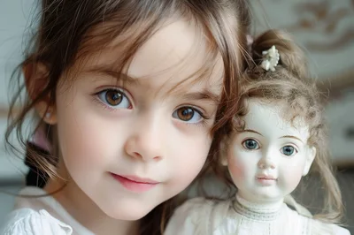 Young Girl Holding An Antique Porcelain Doll