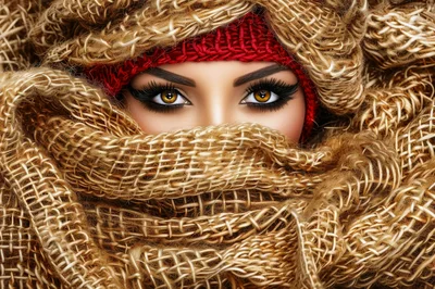 Close Up Portrait Of Woman With Burlap Scarf