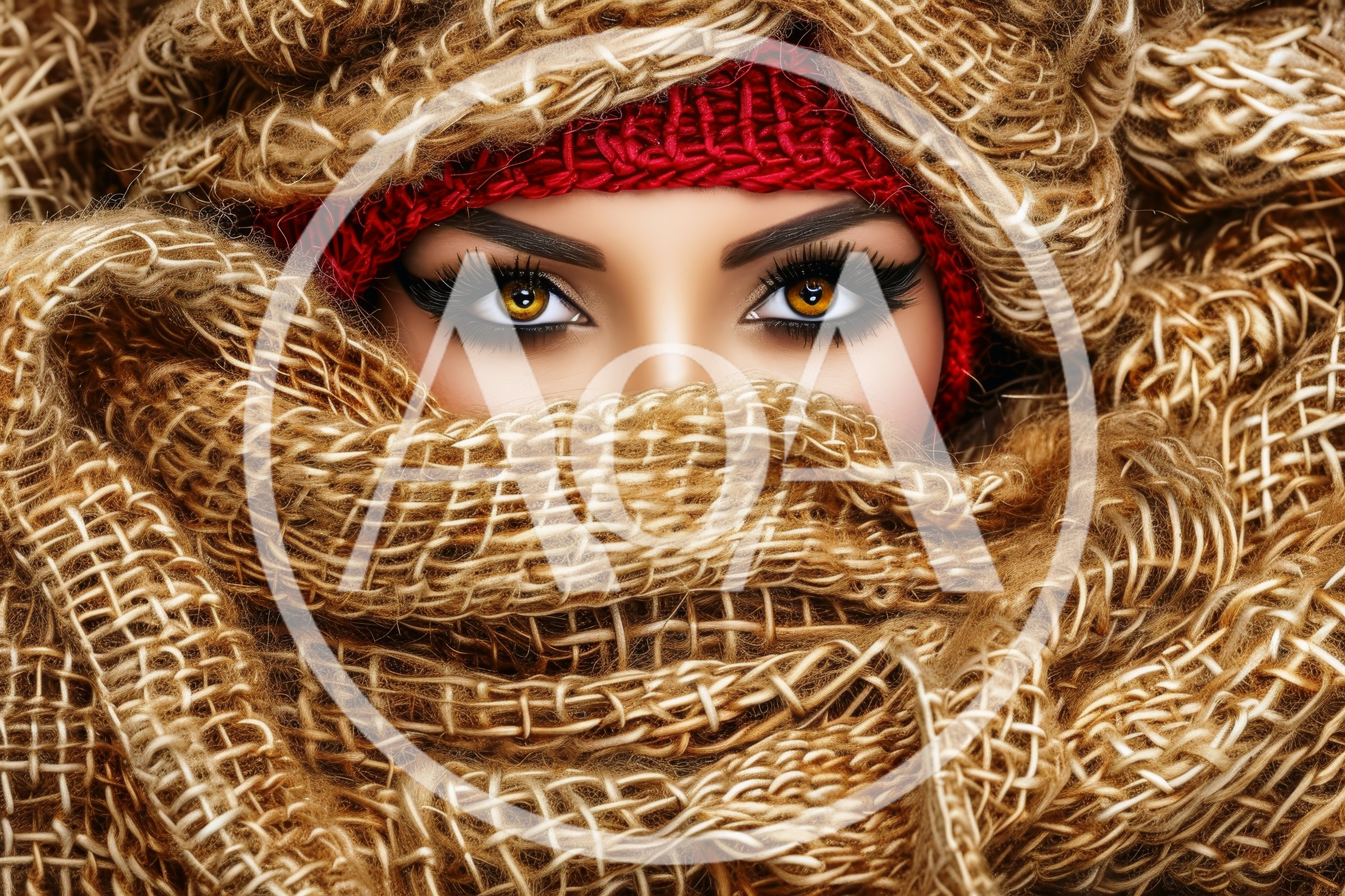 Close Up Portrait Of Woman With Burlap Scarf