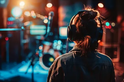 Musician Wearing Headphones In A Professional Recording Studio