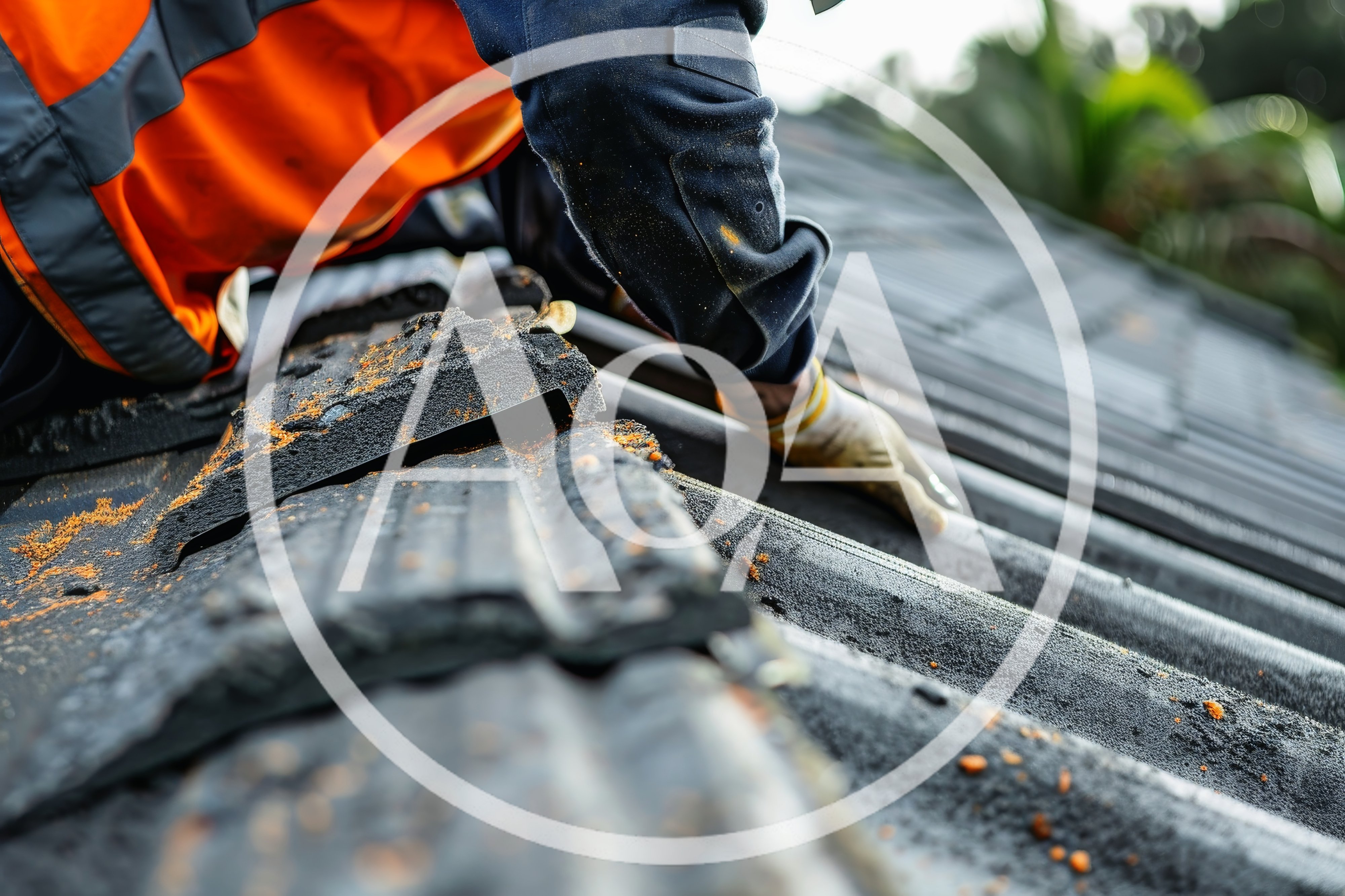 Construction Worker Repairing Roof Tiles