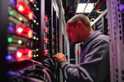 IT Technician Working On Server Rack In Data Center