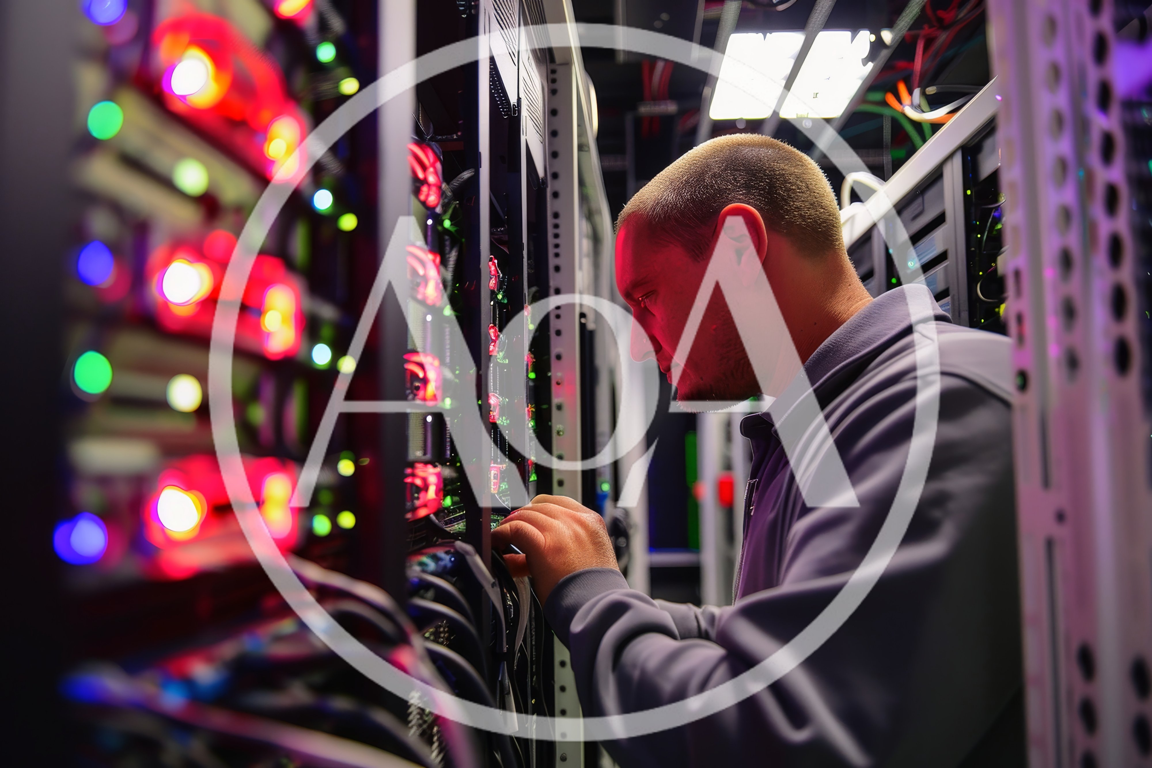 IT Technician Working On Server Rack In Data Center