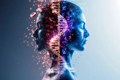 Conceptual Human Head With DNA Helix And Blood Cells