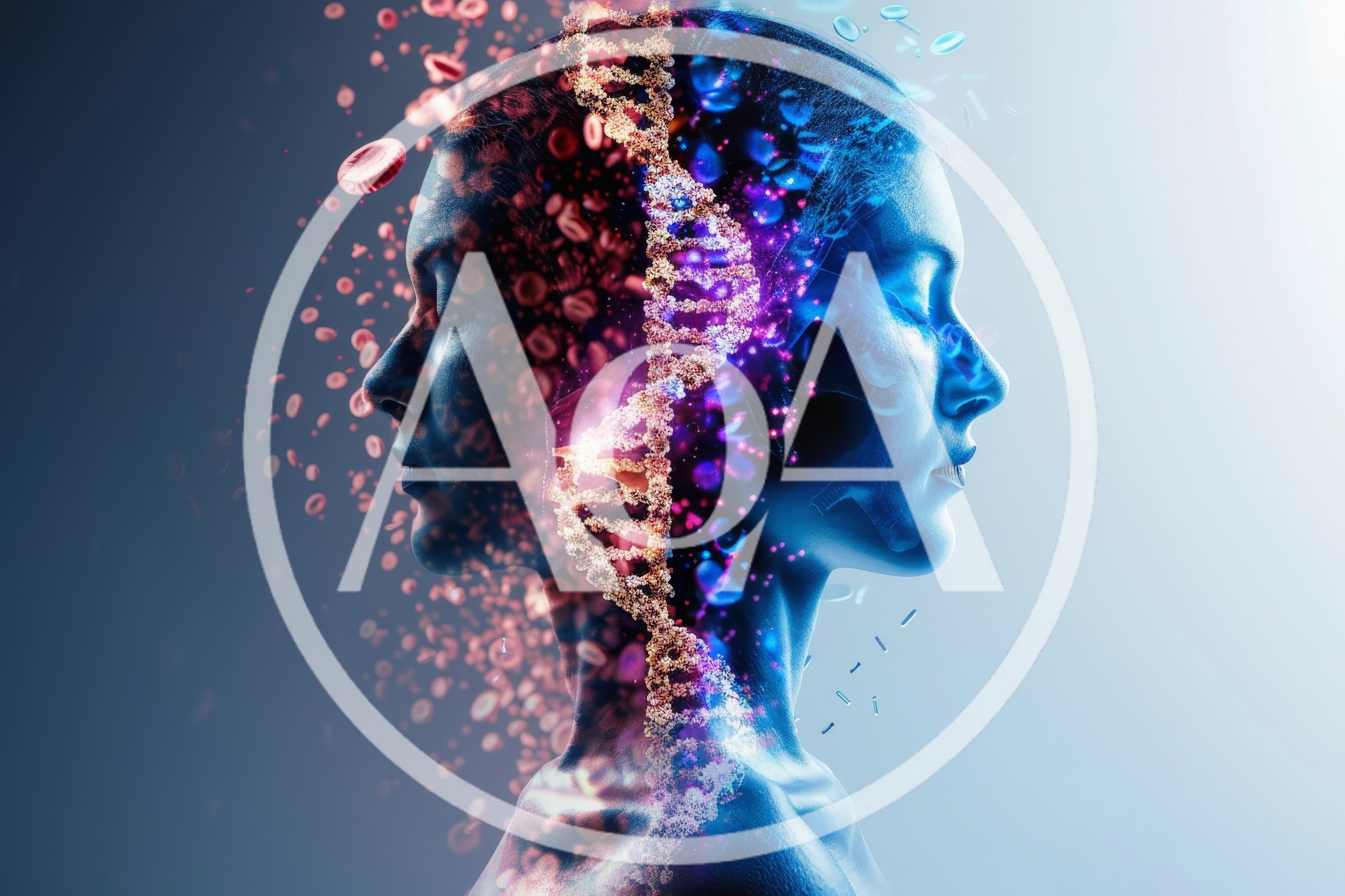 Conceptual Human Head With DNA Helix And Blood Cells