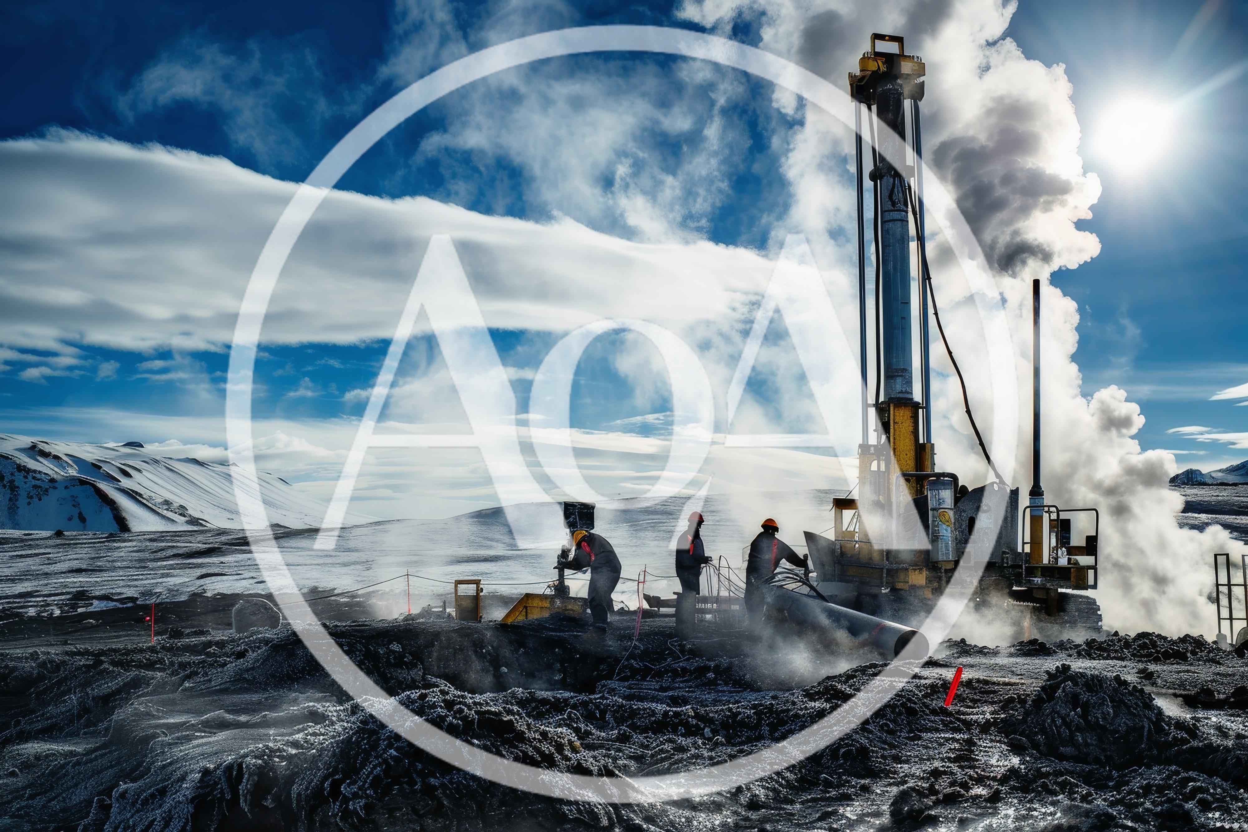 Geothermal Drilling Operations In A Snowy Volcanic Landscape