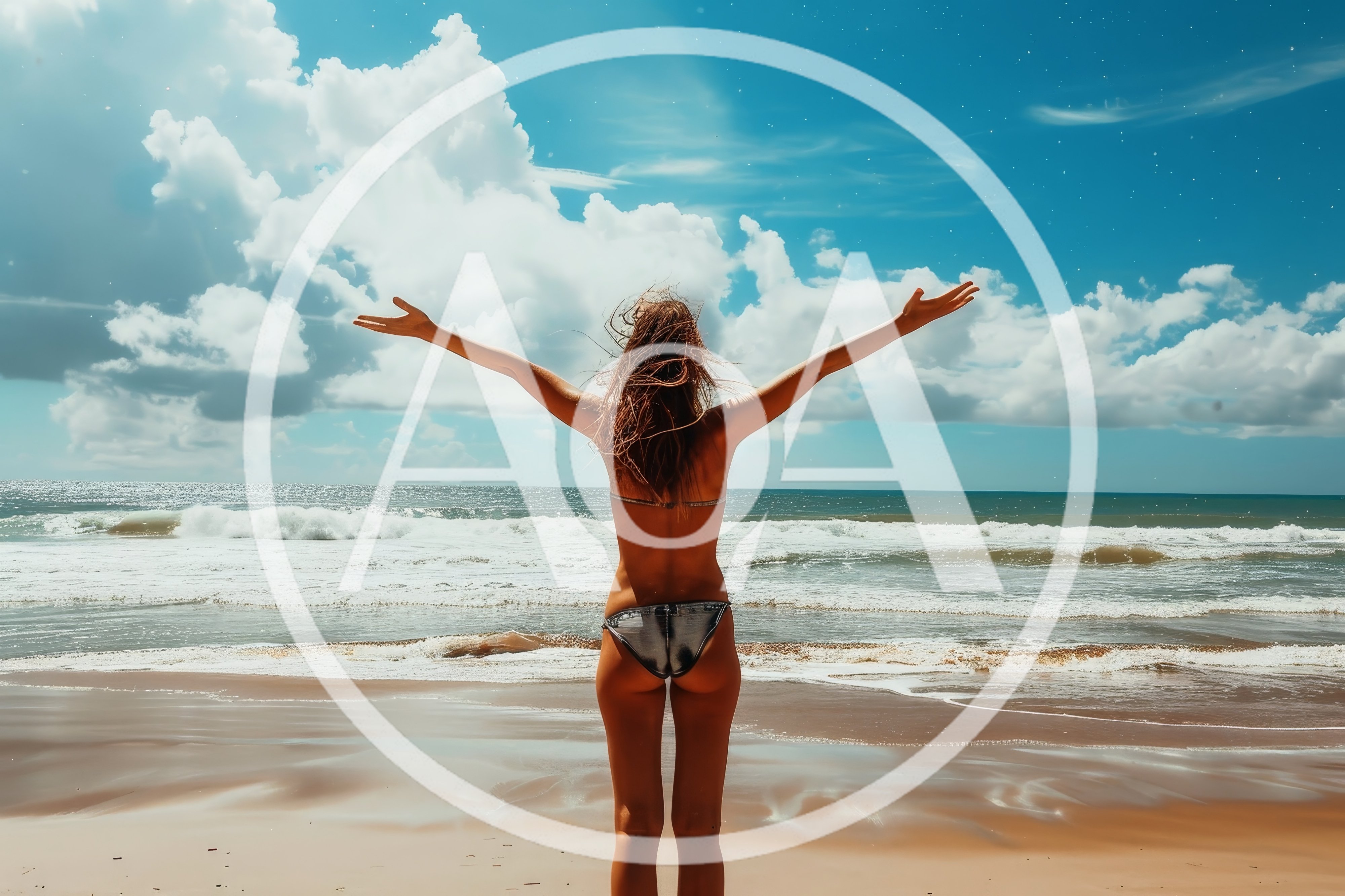 Woman Standing With Arms Outstretched On Tropical Beach