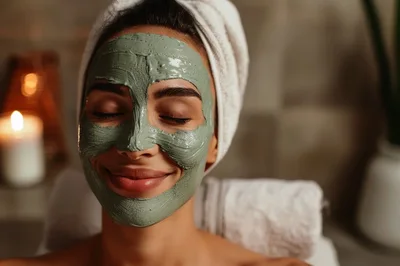 Woman Relaxing With A Green Clay Face Mask
