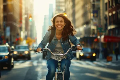 Happy Woman Cycling Through Busy City Street
