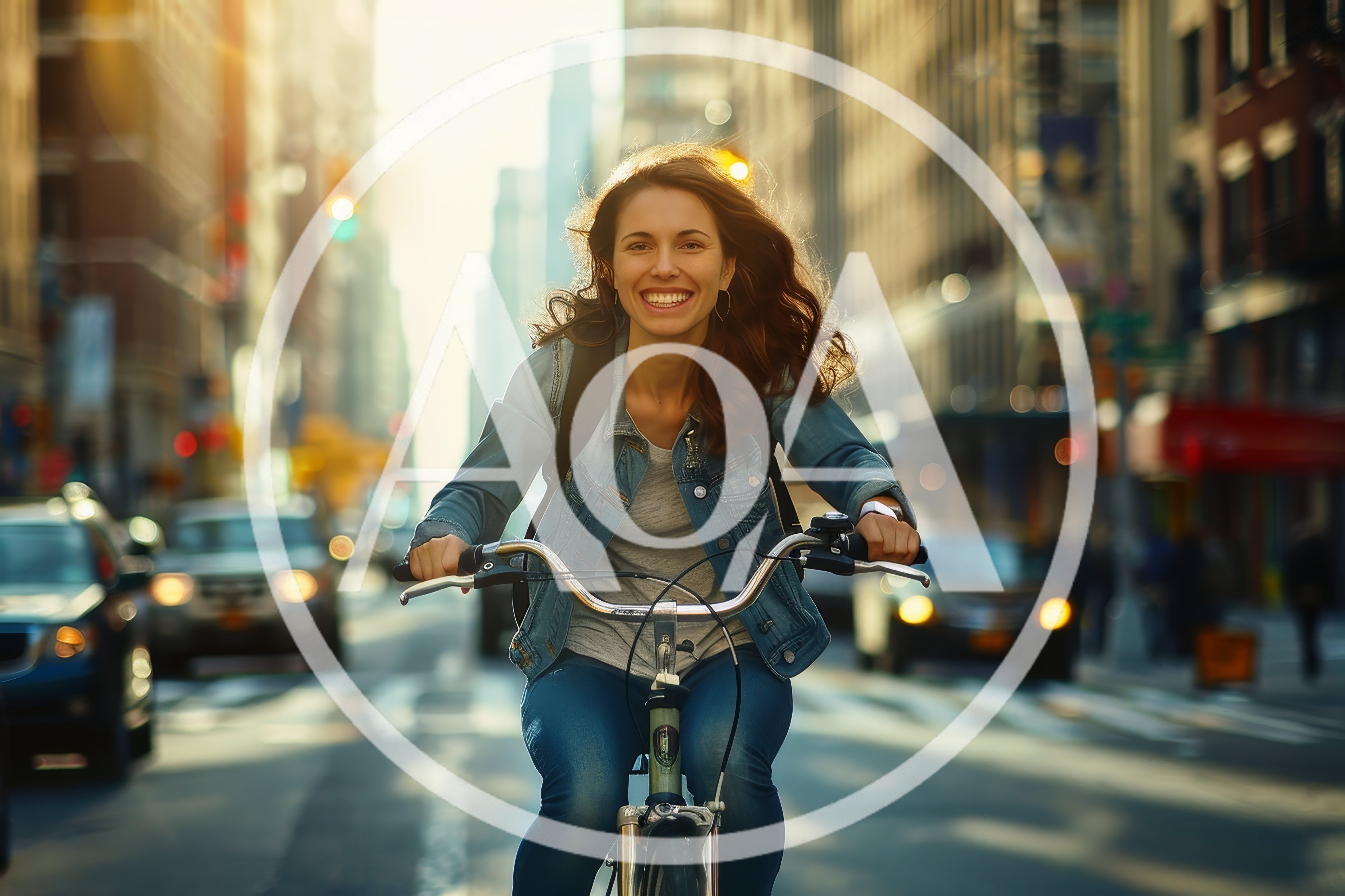 Happy Woman Cycling Through Busy City Street
