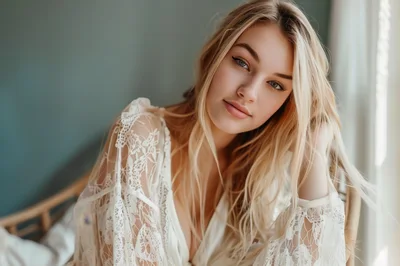 Portrait Of A Beautiful Blonde Woman In Lace Robe