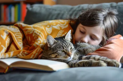 Young Girl Reading Book With Tabby Cat