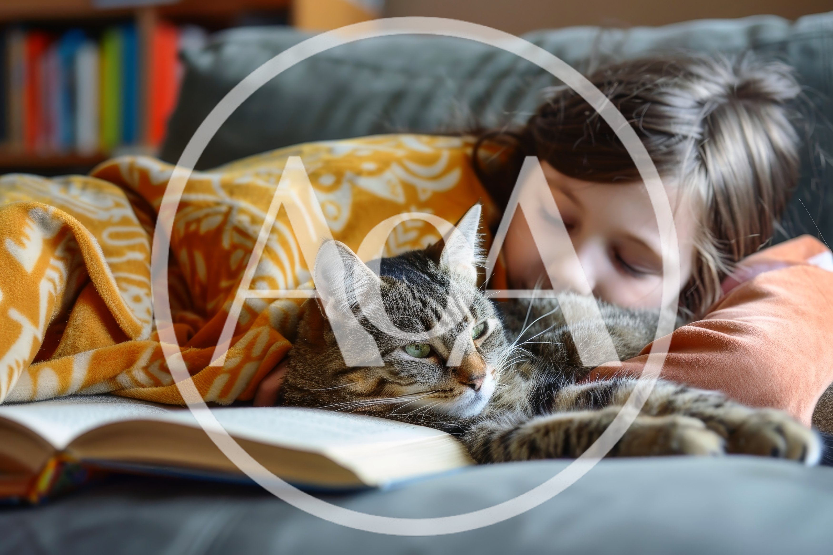 Young Girl Reading Book With Tabby Cat