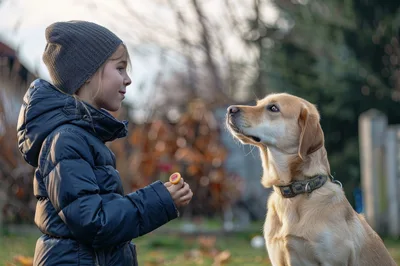 Young Girl Feeding Her Golden Retriever Dog Outdoors