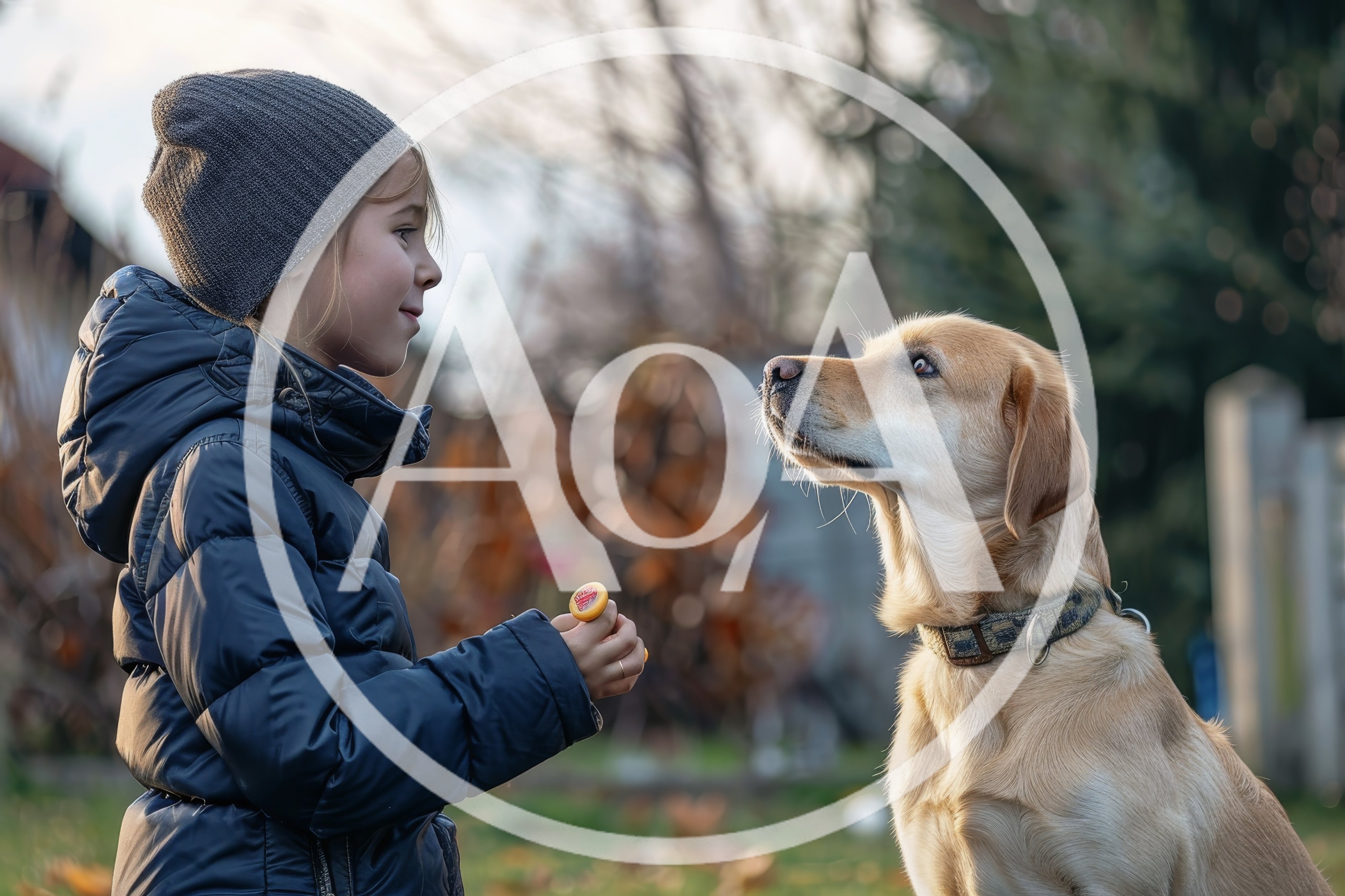 Young Girl Feeding Her Golden Retriever Dog Outdoors