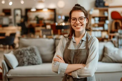 Smiling Female Furniture Store Employee Standing In Showroom