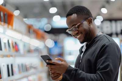 Young Man Using Smartphone In Electronics Store
