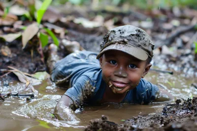 Young Boy Playing Happily In Muddy Puddle