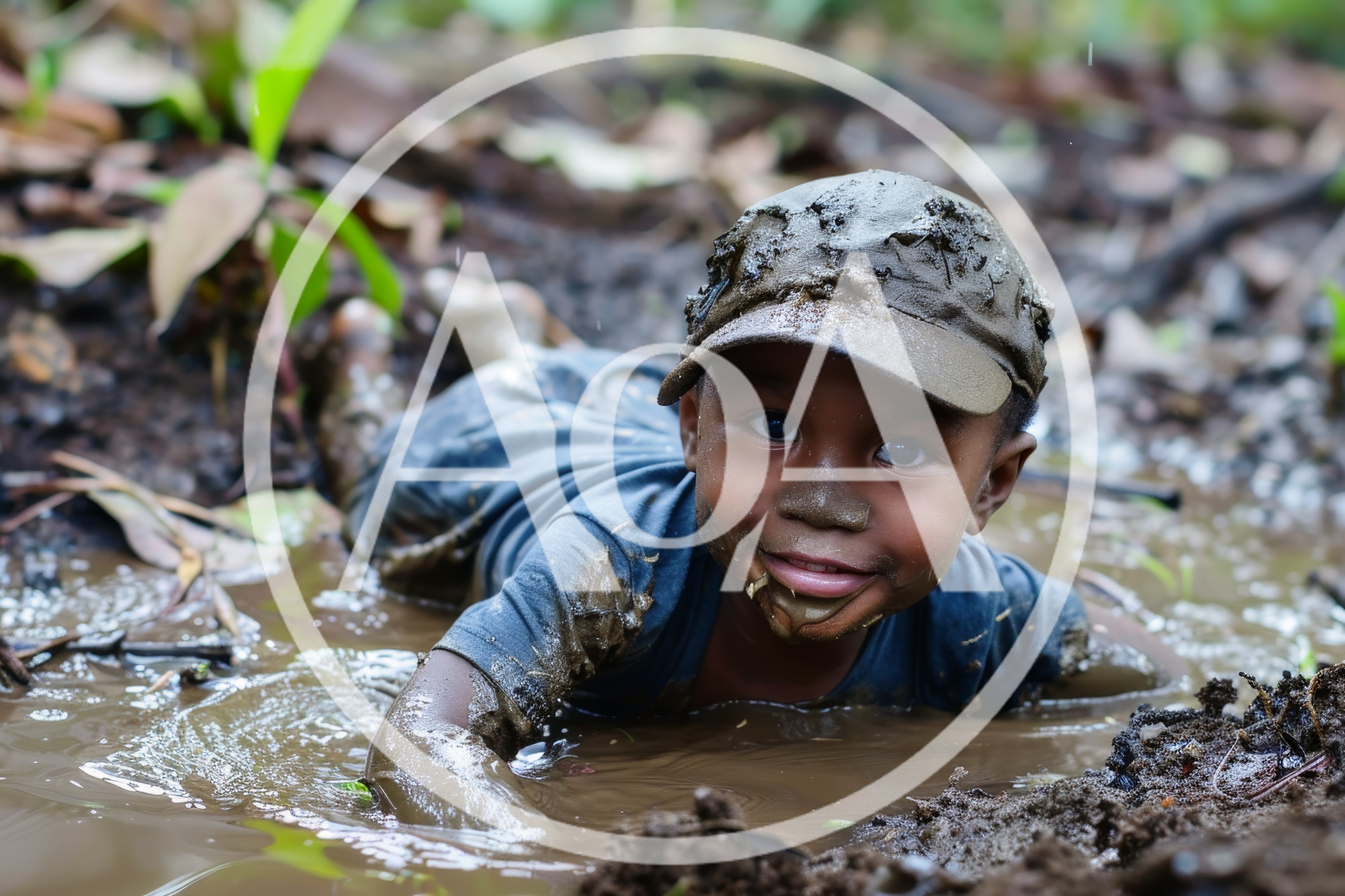 Young Boy Playing Happily In Muddy Puddle