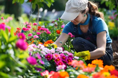 Female Gardener Tending To Vibrant Flowers In Greenhouse
