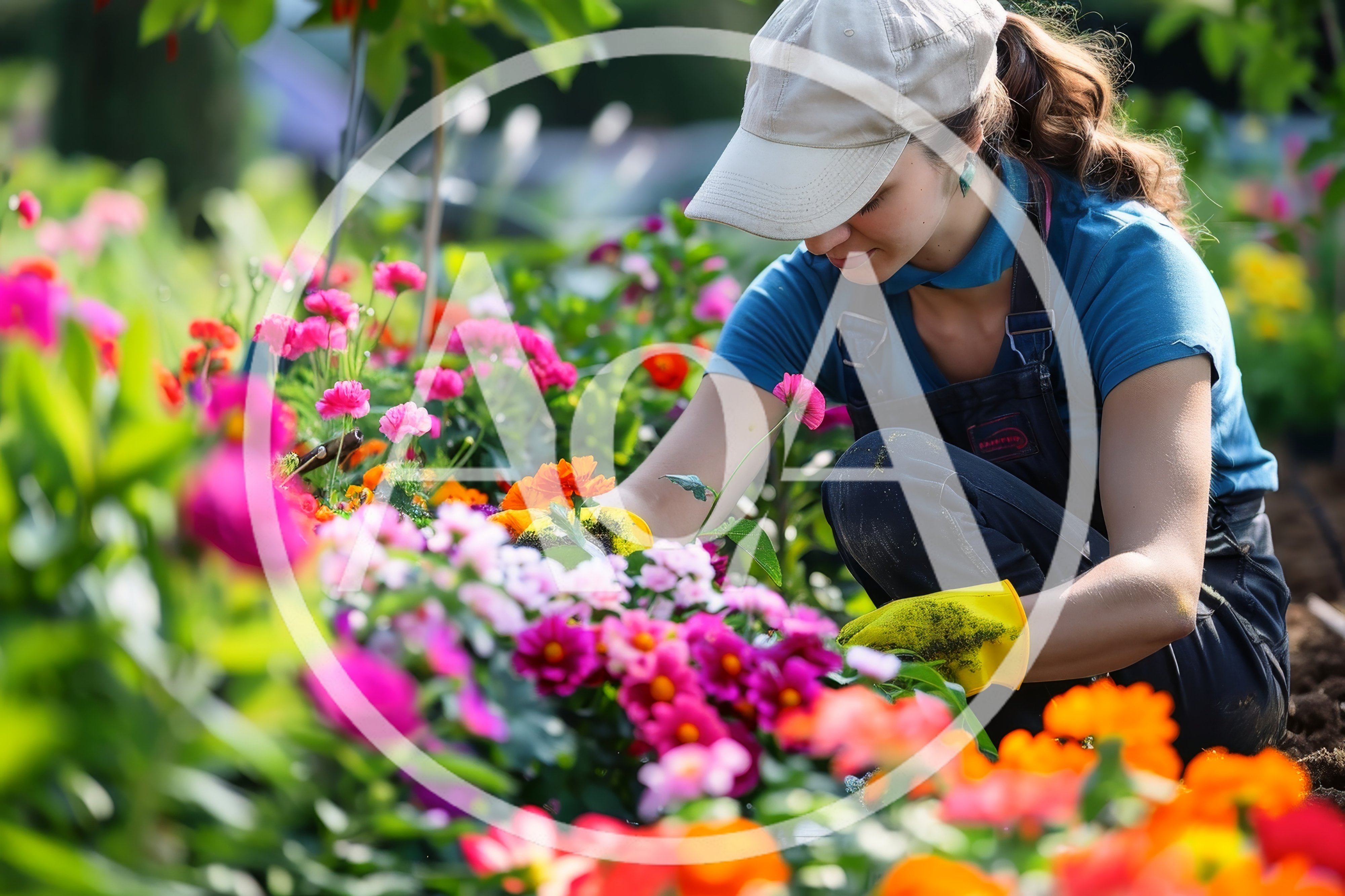 Female Gardener Tending To Vibrant Flowers In Greenhouse