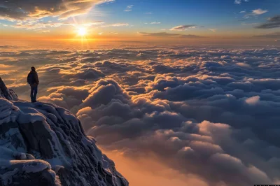 Hiker Standing On Snowy Mountain Peak Above Clouds