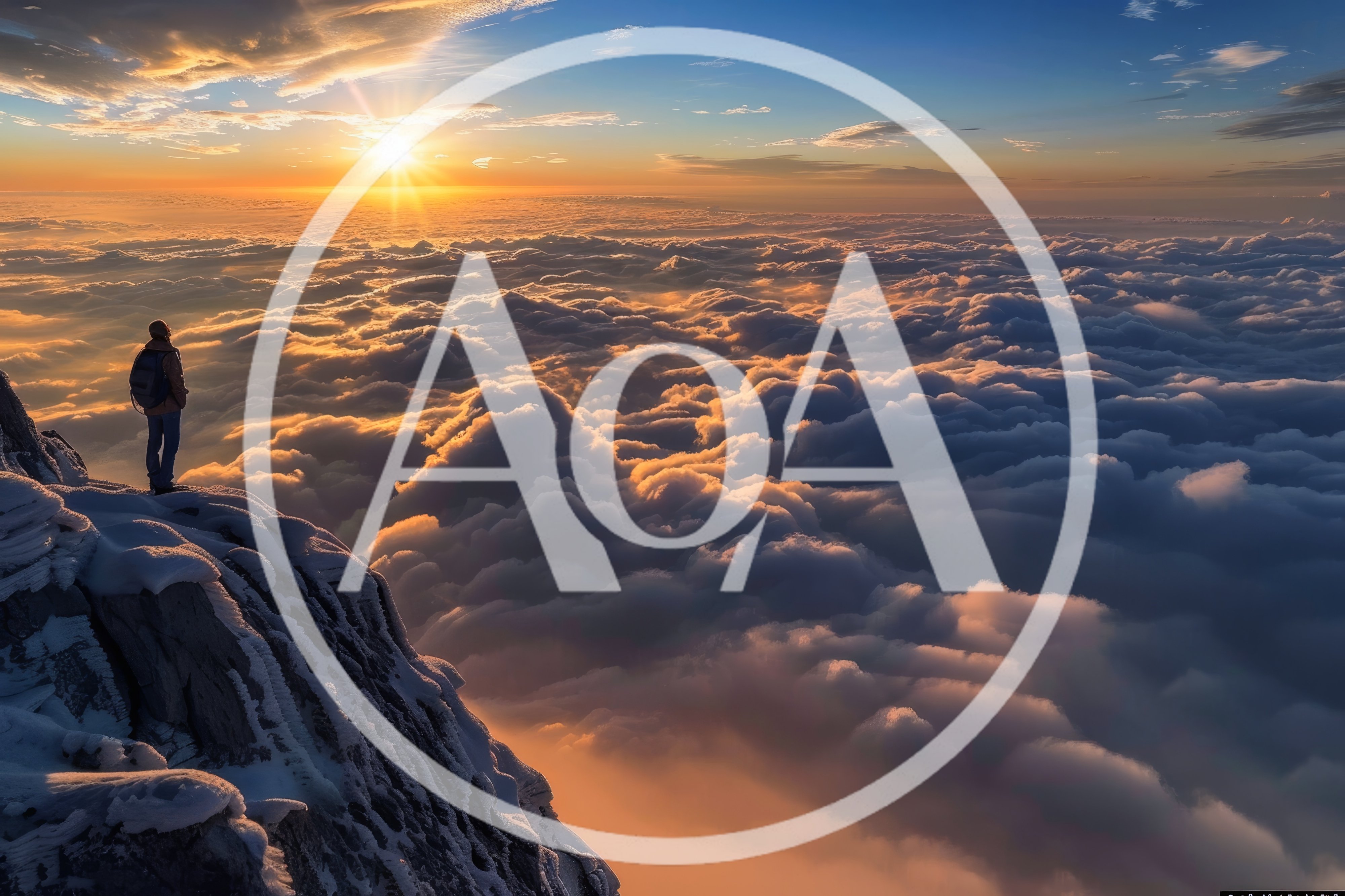 Hiker Standing On Snowy Mountain Peak Above Clouds