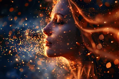 Profile Portrait of Woman Surrounded by Glowing Golden Particles