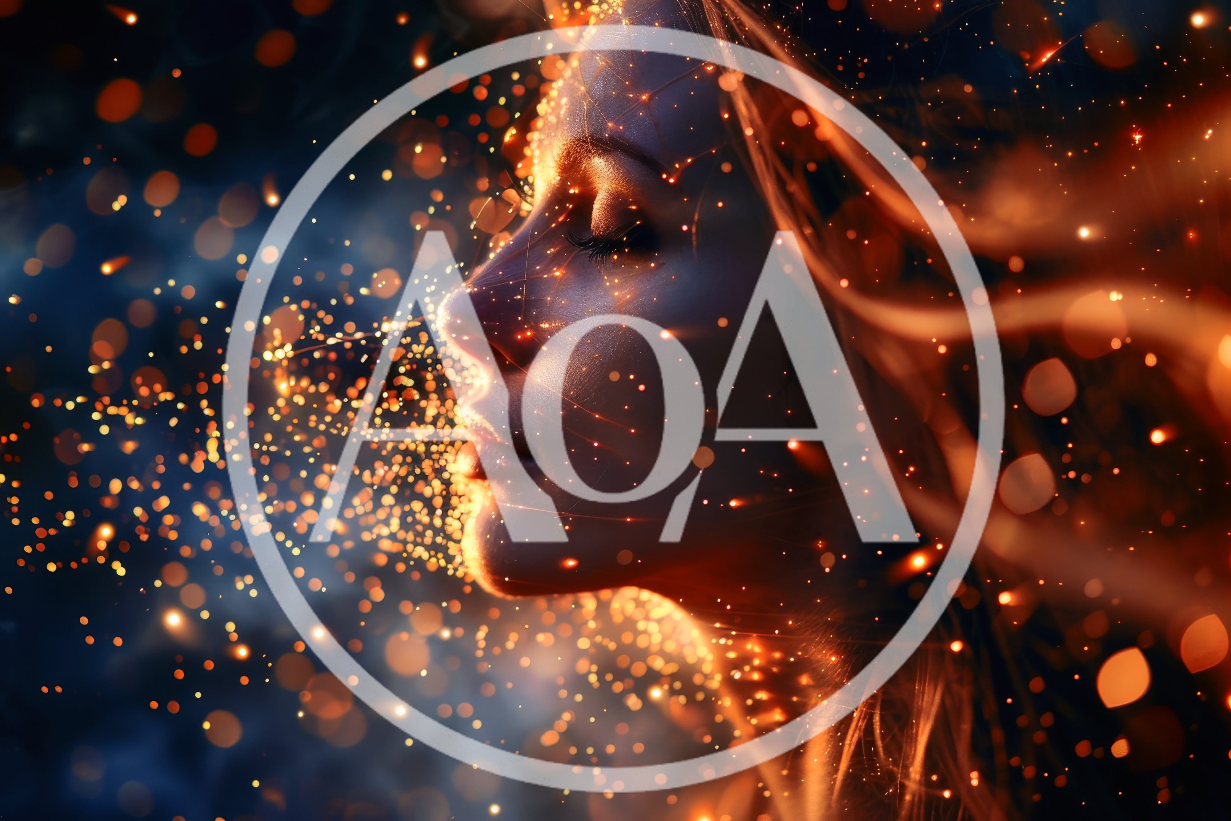 Profile Portrait of Woman Surrounded by Glowing Golden Particles