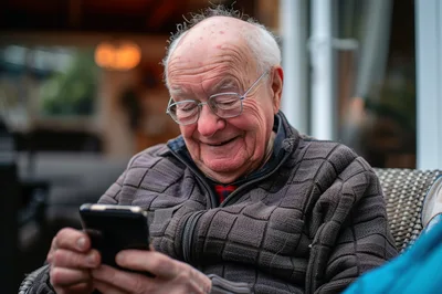 Elderly Man Smiling While Using A Smartphone