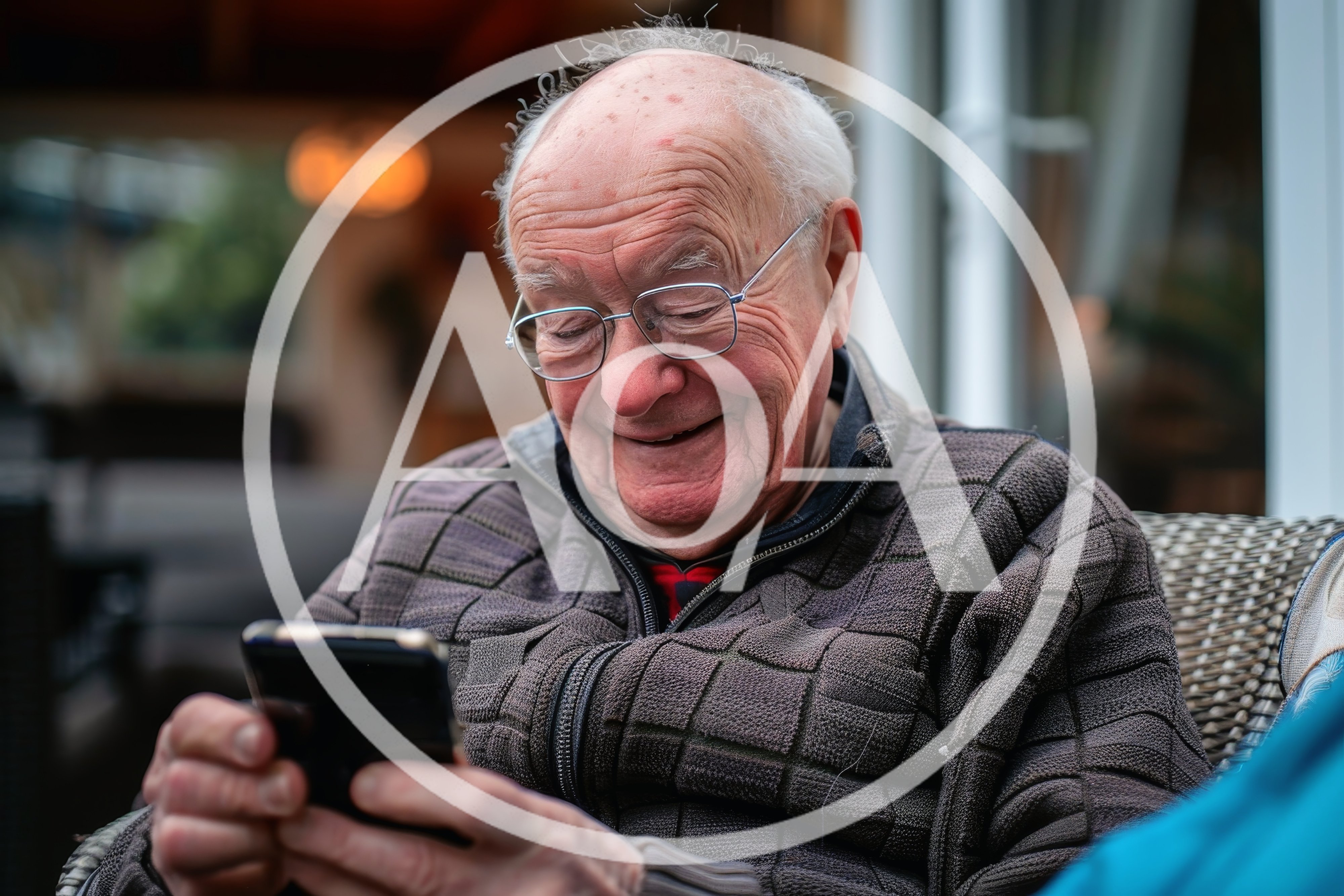 Elderly Man Smiling While Using A Smartphone