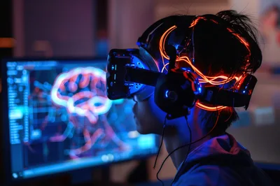 Person Wearing Virtual Reality Headset With Glowing Neural Interface