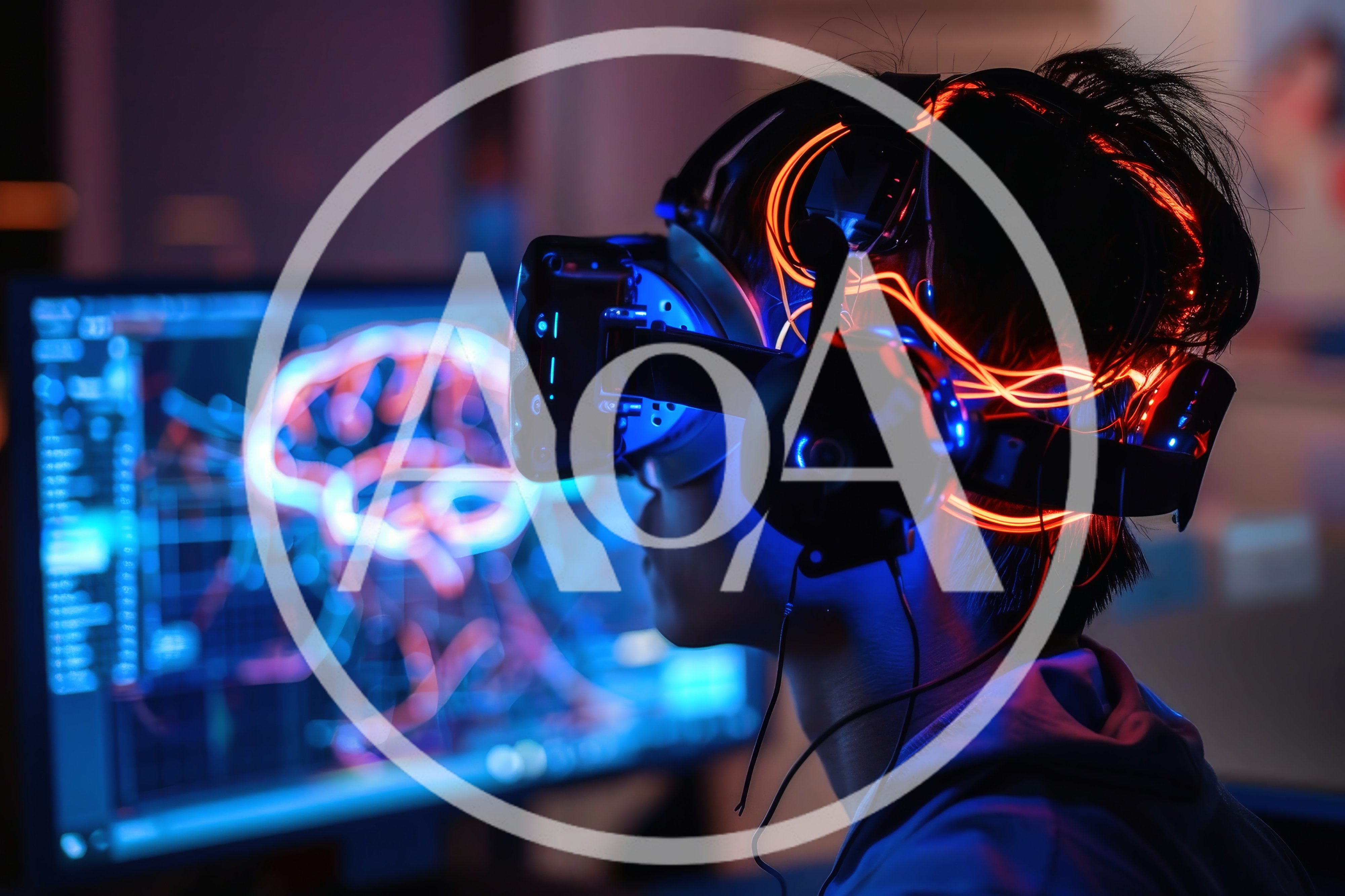 Person Wearing Virtual Reality Headset With Glowing Neural Interface