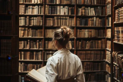 Woman Reading An Antique Book In A Library