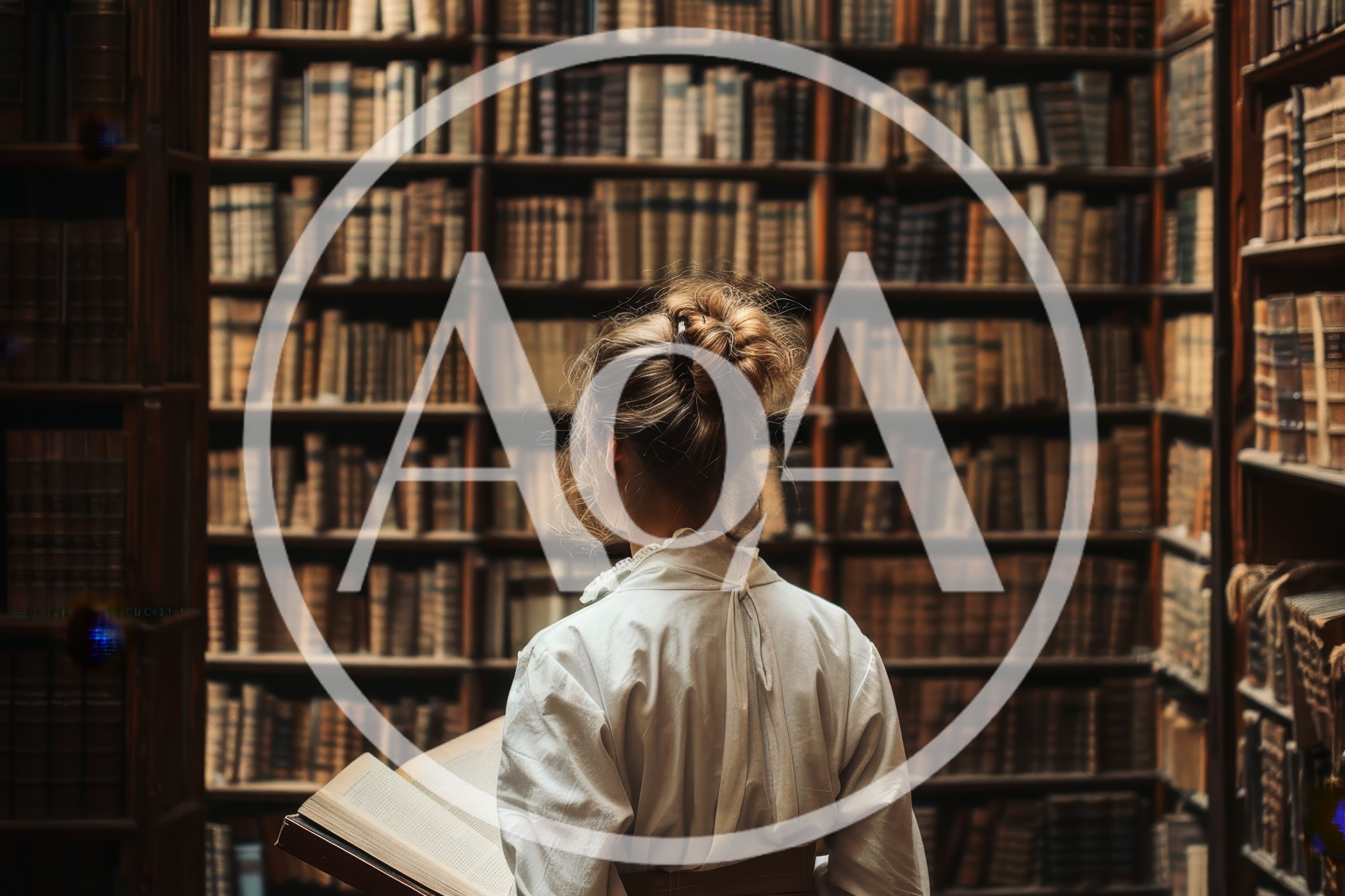 Woman Reading An Antique Book In A Library