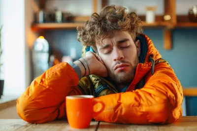 Exhausted Young Man Sleeping At A Kitchen Table