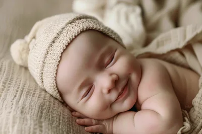 Sleeping Newborn Baby Wearing A Knitted Hat