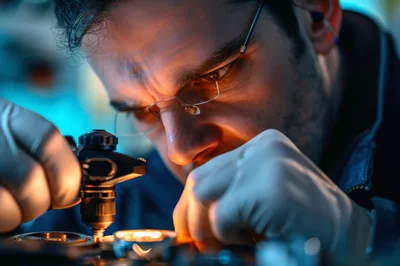 Technician Inspecting Precision Components Under Microscope