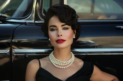 Elegant Woman With Vintage Hairstyle And Pearl Necklace
