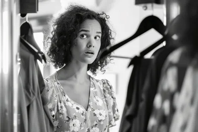 Young Woman Looking Surprised While Shopping For Clothes