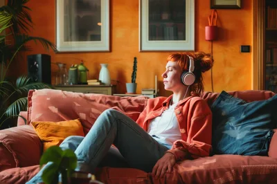 Young Woman Relaxing On Sofa Listening To Music