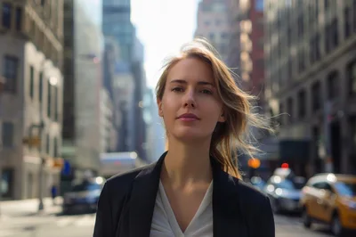 Professional Businesswoman Standing On A Busy City Street