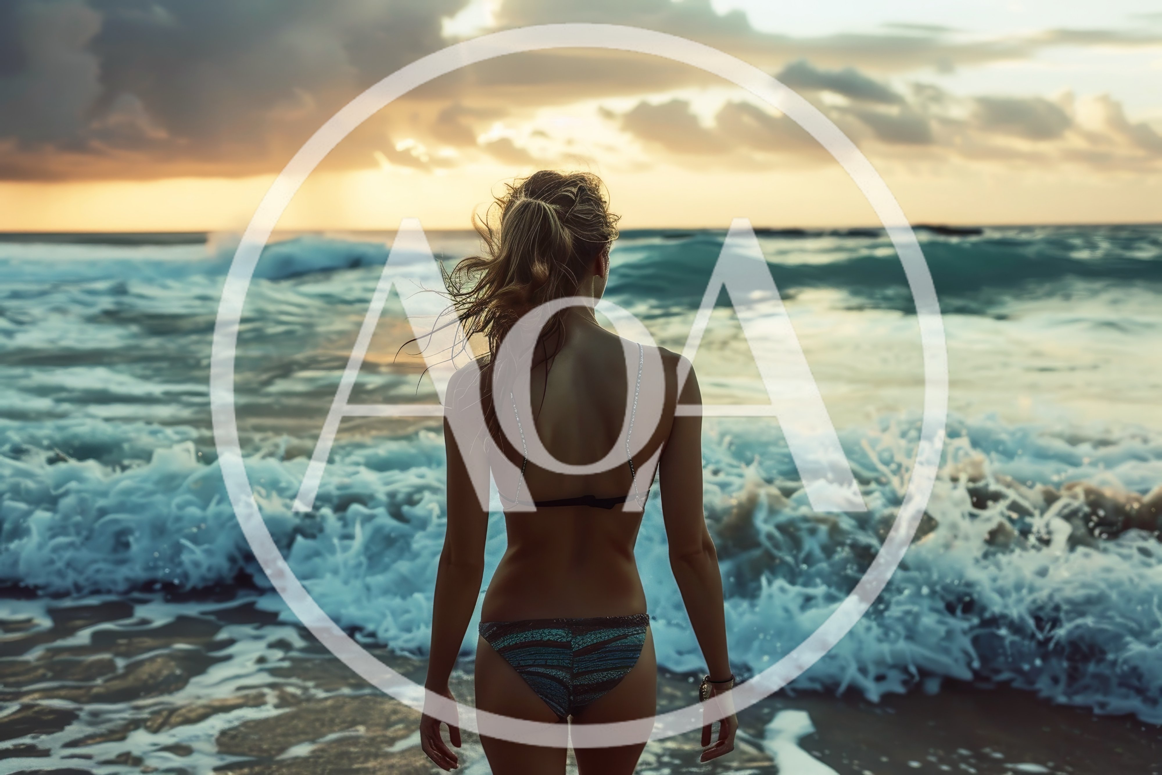 Woman Standing Before Ocean Waves At Sunset