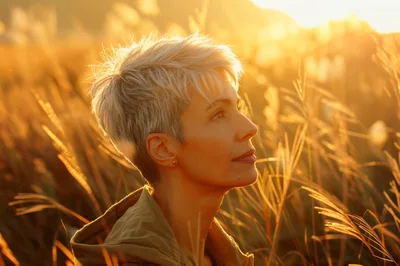 Woman With Short Hair Standing In Golden Grass