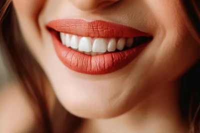 Close Up Of A Woman Smiling With Red Lipstick