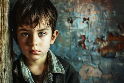 Portrait Of A Young Boy With Intense Green Eyes